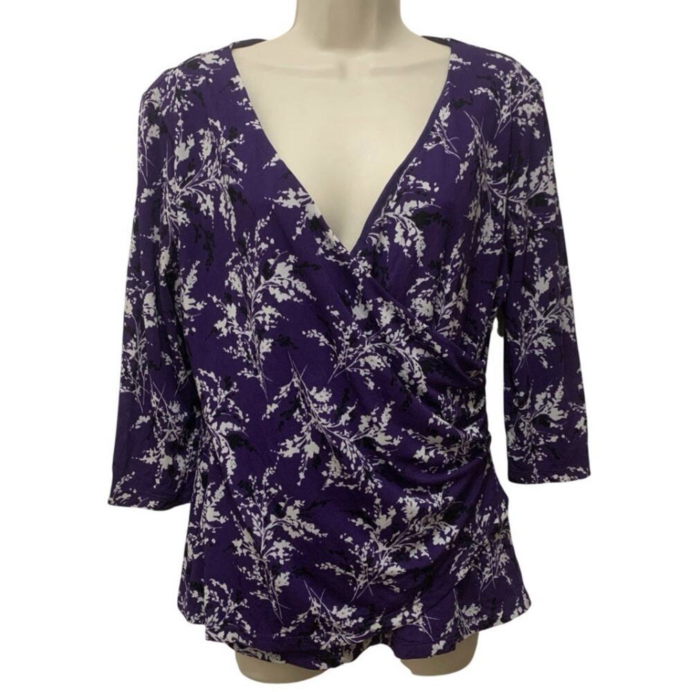 East 5th Y2K Purple Floral Mesh Top Faux Wrap Ruched Lined Womens Size Large
